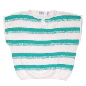 Vintage Favorites Teal White Striped Ramie Cotton Knit Henley Sweater Large